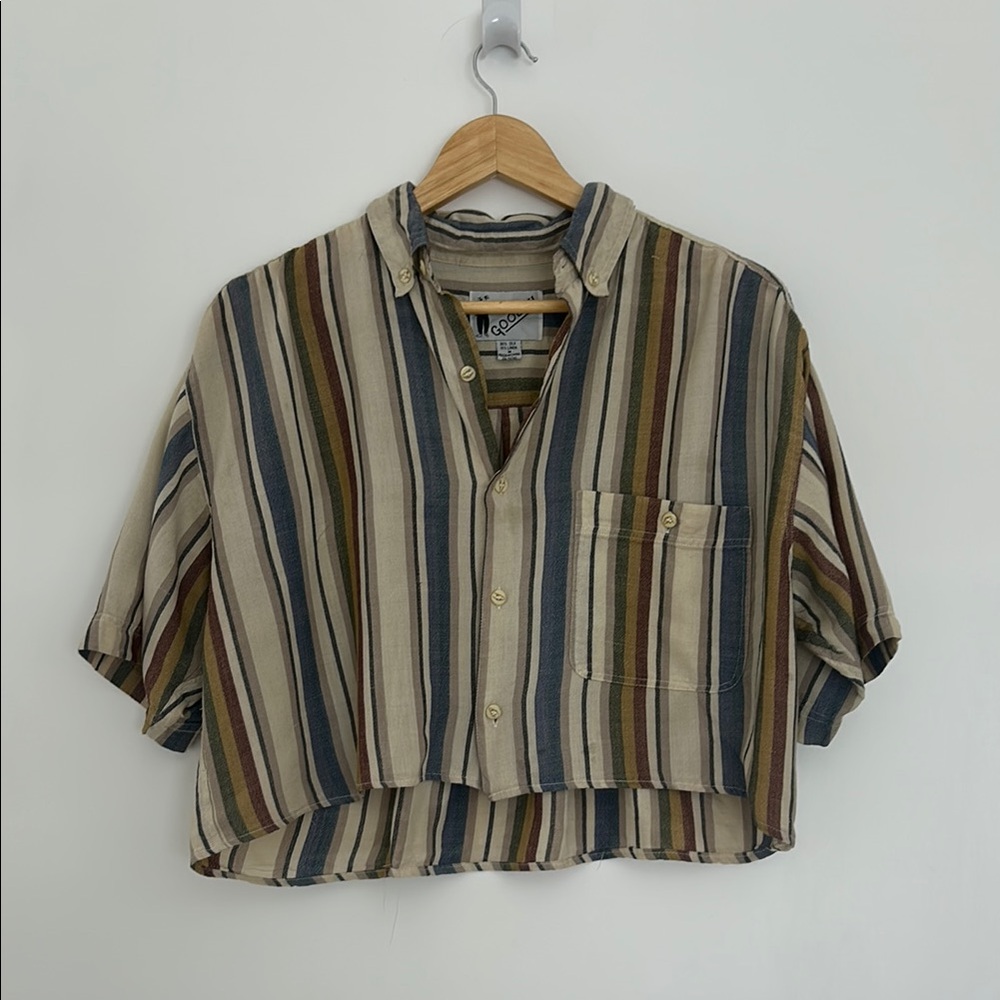 Vintage Tan and Brown Boxy Crop Button Down Shirt